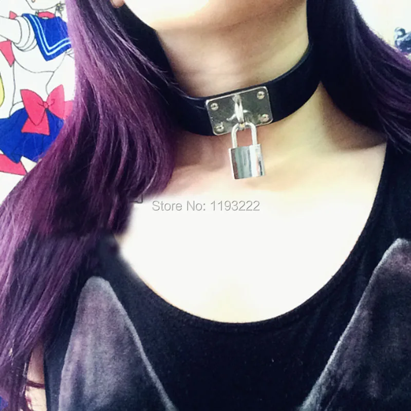 Punk Harajuku Handmade Heavy Metal Square Lock Key Lockable Leather Choker Collar Necklace