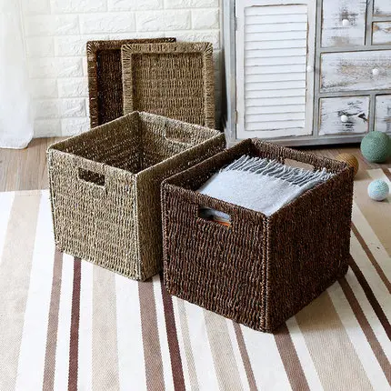 

Natural straw storage cover Foldable storage basket Bookcase drawer type debris storage cover