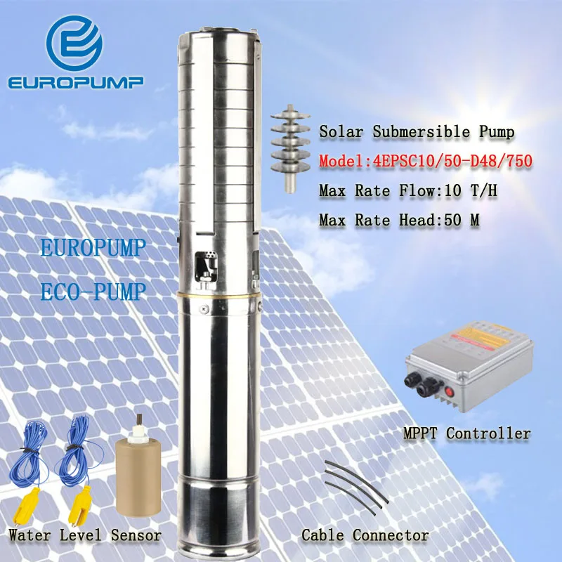 EUROPUMP MODEL(4EPSC10/50-D48/750)  1 HP Max 10000LPH 50m Lift Fully Submersible 4inch-100mm diameter Helical Rotor Solar Pump