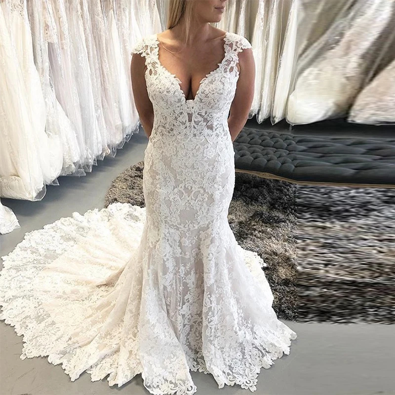 Luxury Vintage Lace Wedding Dresses Cap Sleeves V-neck White Ivory Illusion Back Vestidos De Noiva Mermaid Style Bridal Dresses