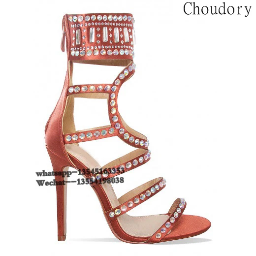 

Designer Sandals Sexy High Heel Cut Out Open Toe Summer Sandal Ankle Boots Bling Bling Pearls Studded Gladiator Shoes Women