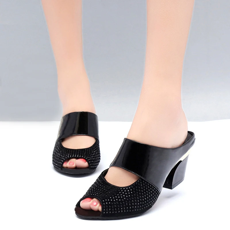 Women Sandals Square Heel 2023 Summer Shoes Woman Fashion Slides Cut-out Open Toe Slip On Mothers Sandal Female Bling Slippers