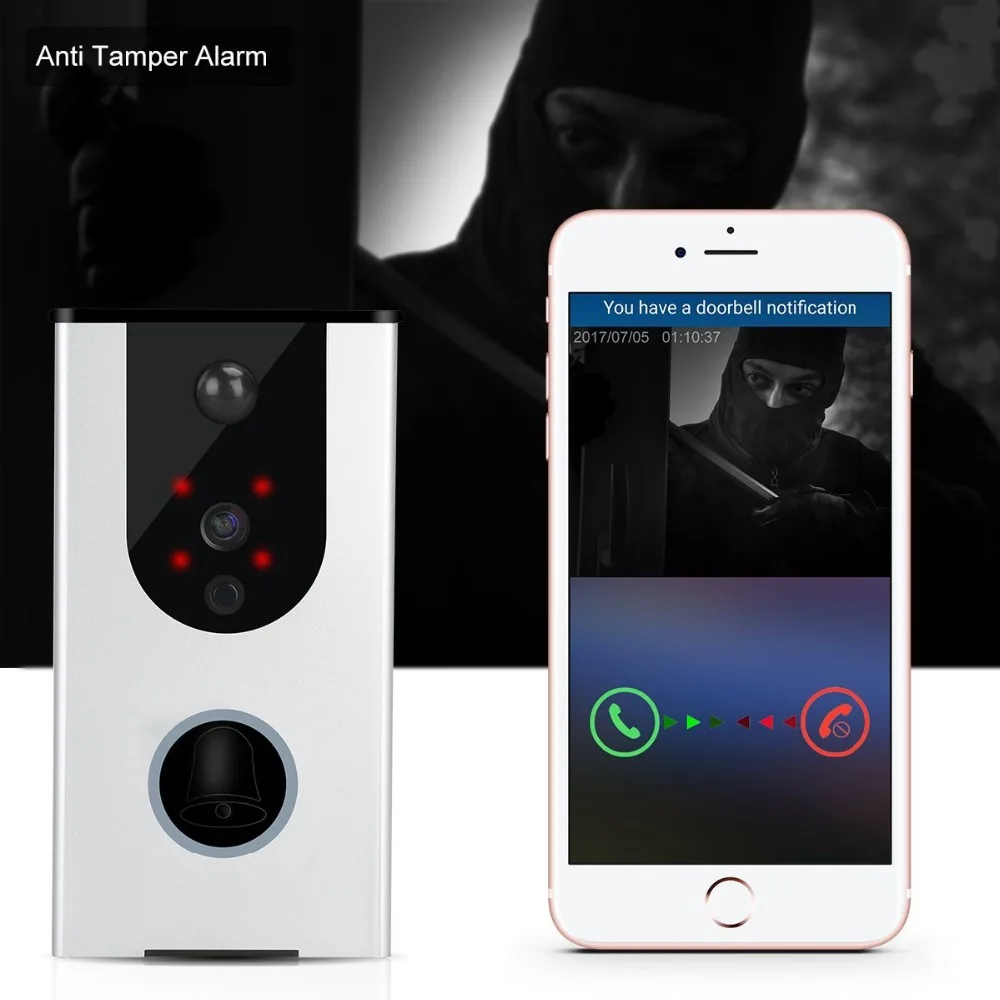 (1Set)Smart WIFI Doorbell Wireless Door Phone Built-in Lithium Battery Security Camera Infrared Detector Function snapshots APPs