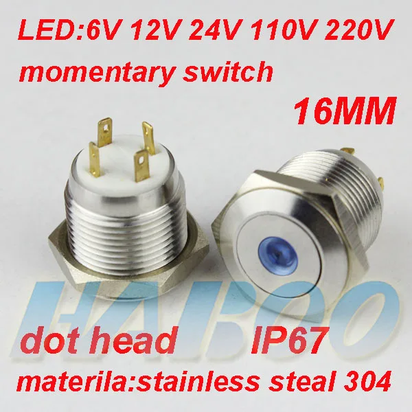 

10pcs/lot anti-vandal metal switch with led dot head waterproof reset push button switch 6V 12V 24V 110V 220V