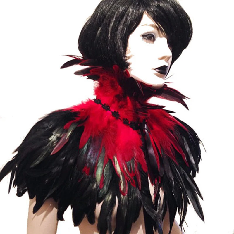 Red and Black Burlesque Feather Shawl Scarf Cape Gothic Dresses Costume Halloween Fashion Costume 2018