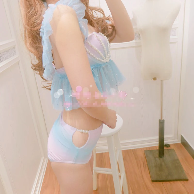 [STOCK] Cute Beach Swimsuit Mermaid Bikini Swimwear Gradient Shell Bra Pearl Decoration Summer Lolita Sweet Cloth New