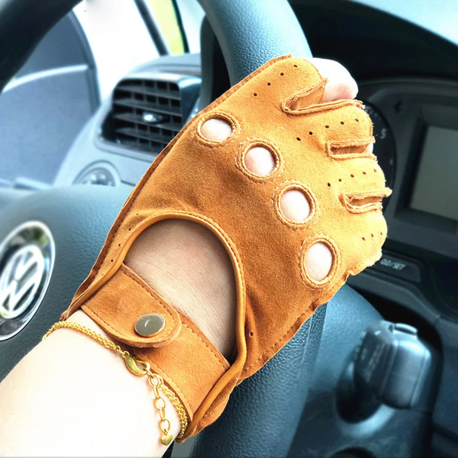 New Summer Ladies Leather Gloves Sheepskin Suede Trend Half Finger Gloves Non-Slip Breathable Driving EL099