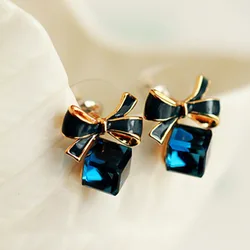 Pendientes de cristal azul y verde cúbico para mujer, aretes de botón de diamantes de imitación, nudo de lazo brillante elegante, moda de alta calidad, 2018