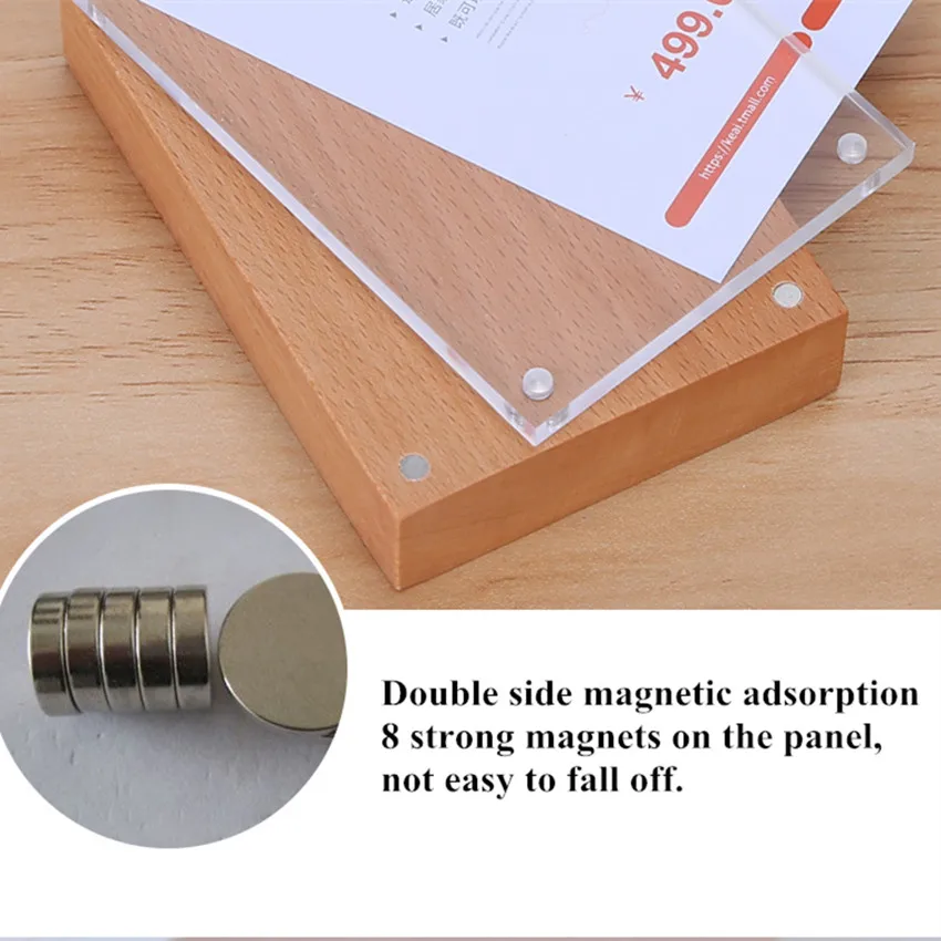 100x70MM Wood Base Acrylic Sign Holder Display Stand Magnetic Stand And Lie Price Label Card Tags  Stander