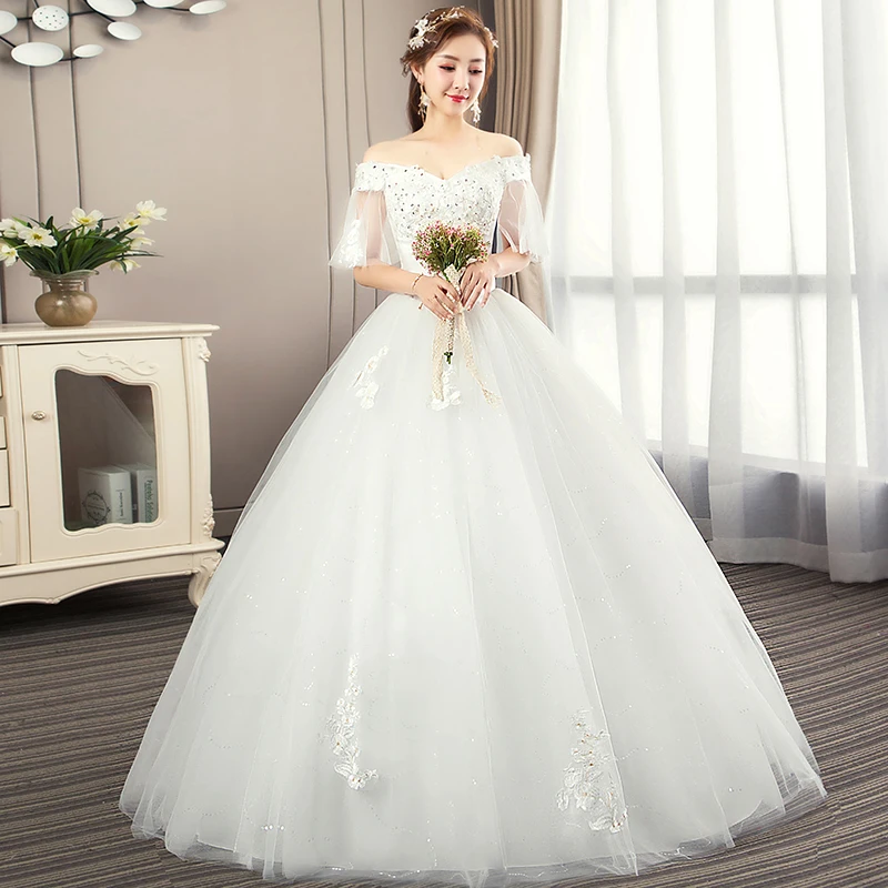 

Boat Neck Wedding Dress Lace Up New Bride Embroidery Wedding Dresses Female Dream Princess Dresses Ball Gowns