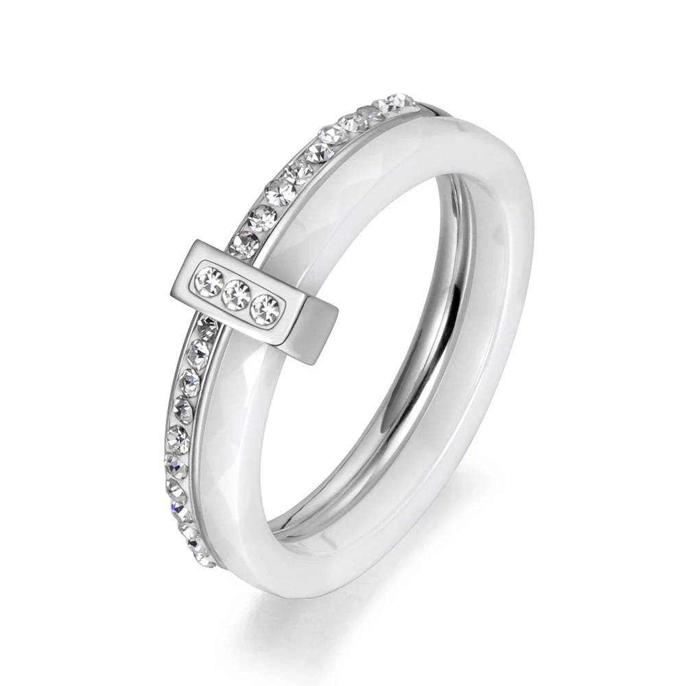JeeMango 2 Schichten schwarz/weiß Keramik Kristall Eheringe Roségold Farbe Edelstahl Strass Verlobungsring JR18054