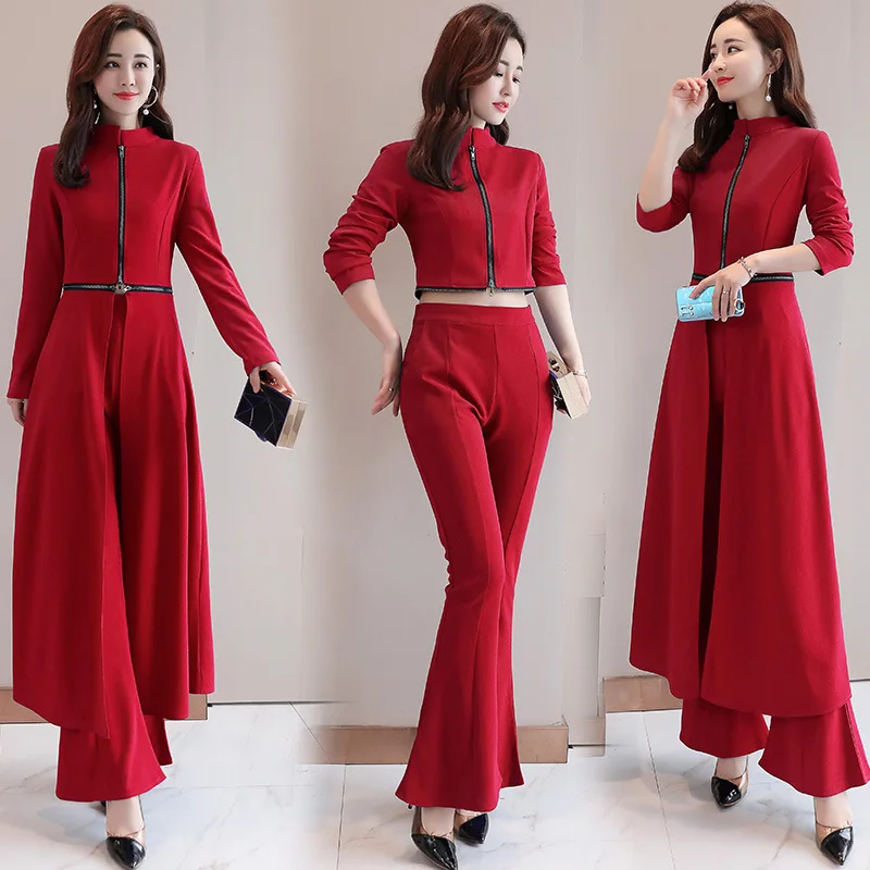 2024 Spring Autumn Two-piece Set Women\'s Elegant Wide-leg Trousers Suit Ladies Split Dress +High Waist Wide Leg Pants Women Suit