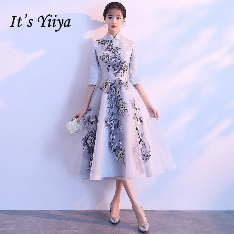 It\'s YiiYa Vintage High Collar Half Sleeves Embroide Lace Up Formal Cocktail Dresses Tea-Length Party Full Dress MX025