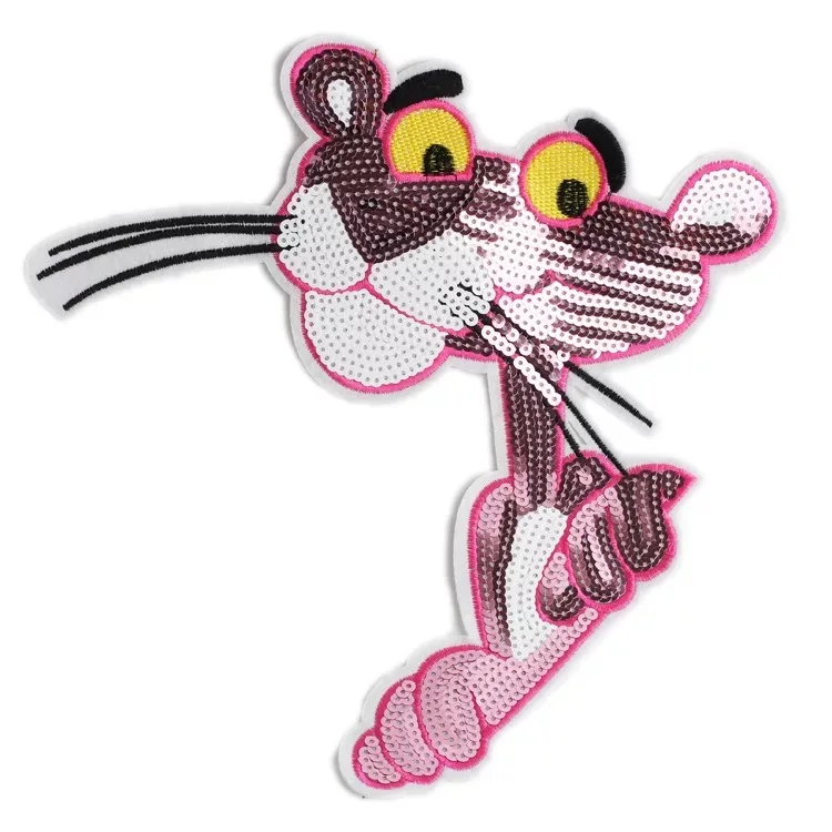 New Arrival Pink Leopard Sequined Patches for Clothes Bags Sew on Garment Accessory Large Cartoon Animal Sequins Patch