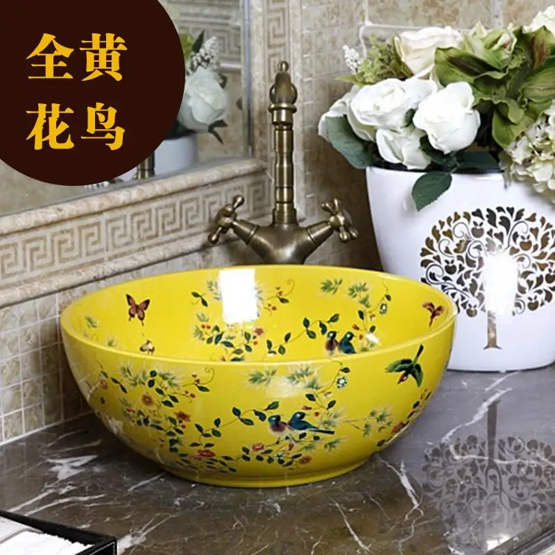 

Porcelain China Classic Painting Art Birds&Flowers White Countertop Ceramic Bathroom Sink wash basin handmade