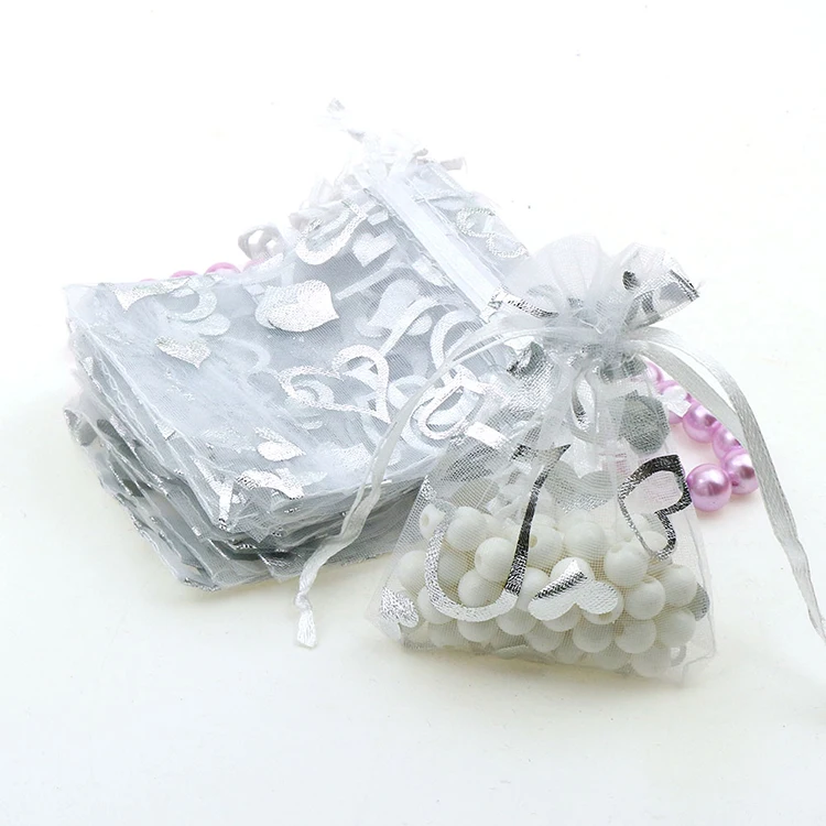 Heart Silver Bronzing Organza Jewelry Packaging Gift Bags Birthday Gift Sacks Cheap Organza Pouches 7x9cm 100pcs/lot Wholesale