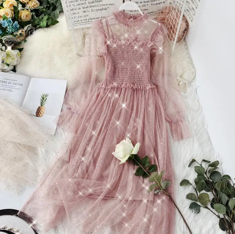 

2024 spring summer new women O-neck puff sleeve sequined ruffles mesh princess dress female elegant shiny gauze A-line dresses