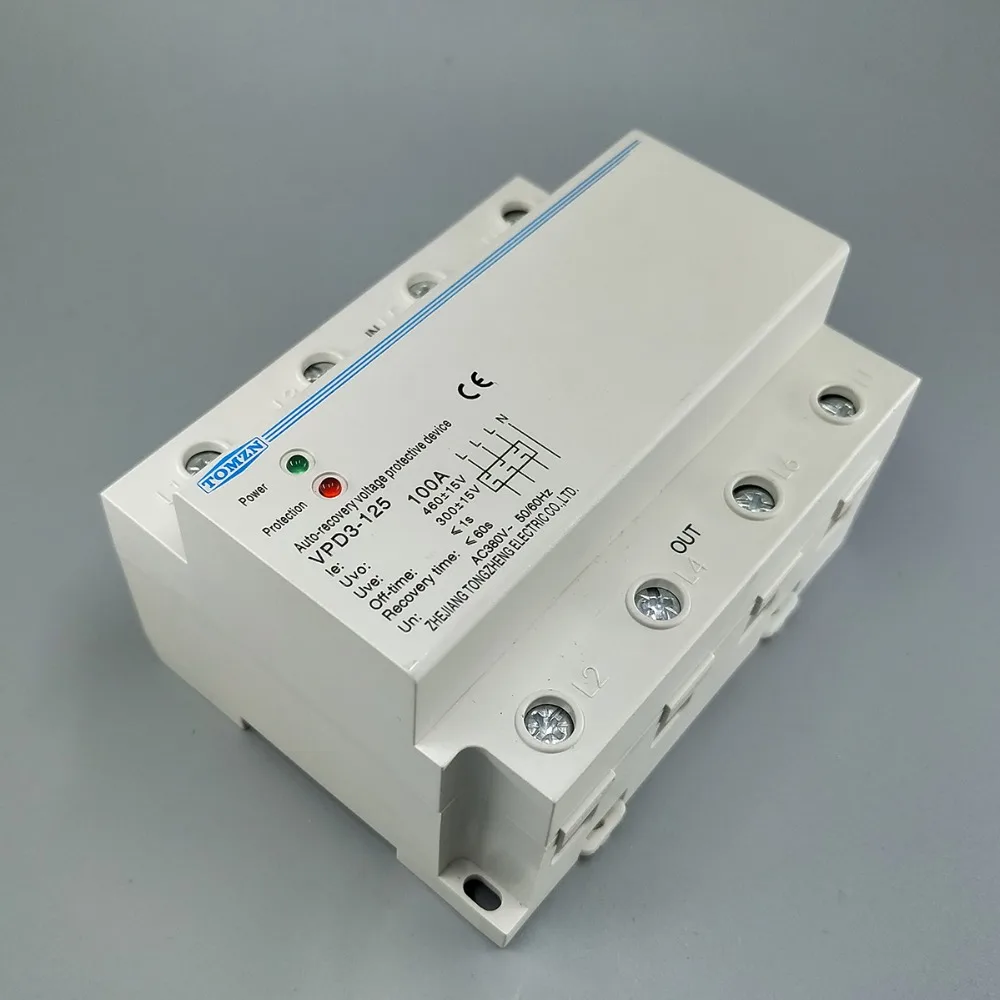 100A 380V Three Phase four wire Din rail automatic recovery over voltage and under voltage protective protection relay