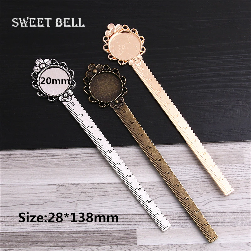 Sweet Bell 5pcs/lot two color  Alloy Cameo Round flower ruler Bookmarks 28*138mm(Fit 20mm) Round Cabochon Settings 13B1601