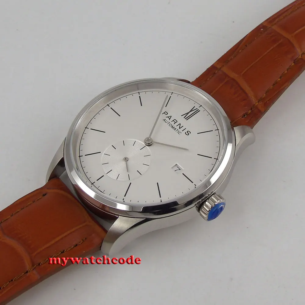 Famoso marchio 42mm Parnis quadrante bianco data finestra ST1731 orologio da uomo automatico cinturino in pelle trasparente cassa indietro