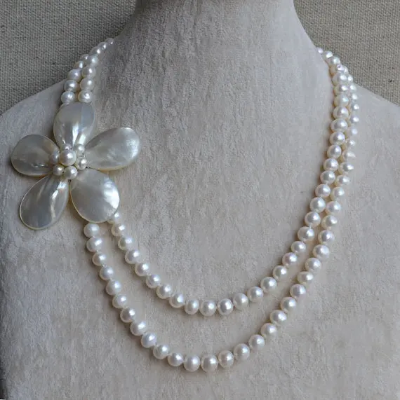 

Charming Real Pearl Jewelry,2Rows 7-8mm White Color Freshwater Pearl Necklace Handmade Shell Flower Necklace