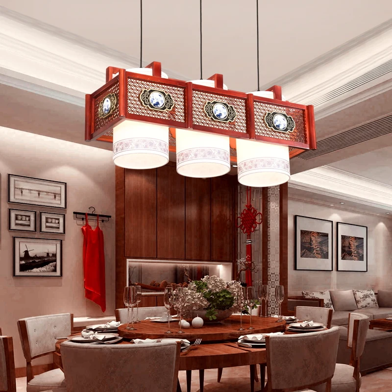 Retro 1/3heads wooden pendants lamps solid wood engraved living room lights rectangular Chinese restaurant restaurant LU71598