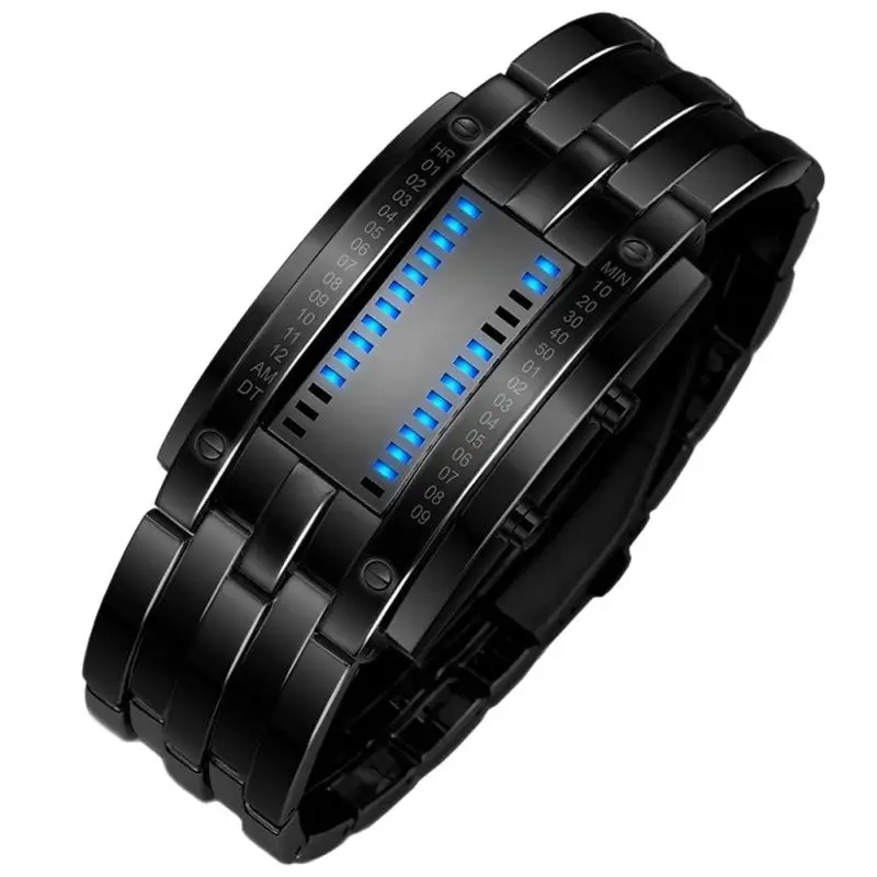 Future Technology Binary Black Stainless Steel Couple Watch Date Digital LED Bracelet Sport Watches