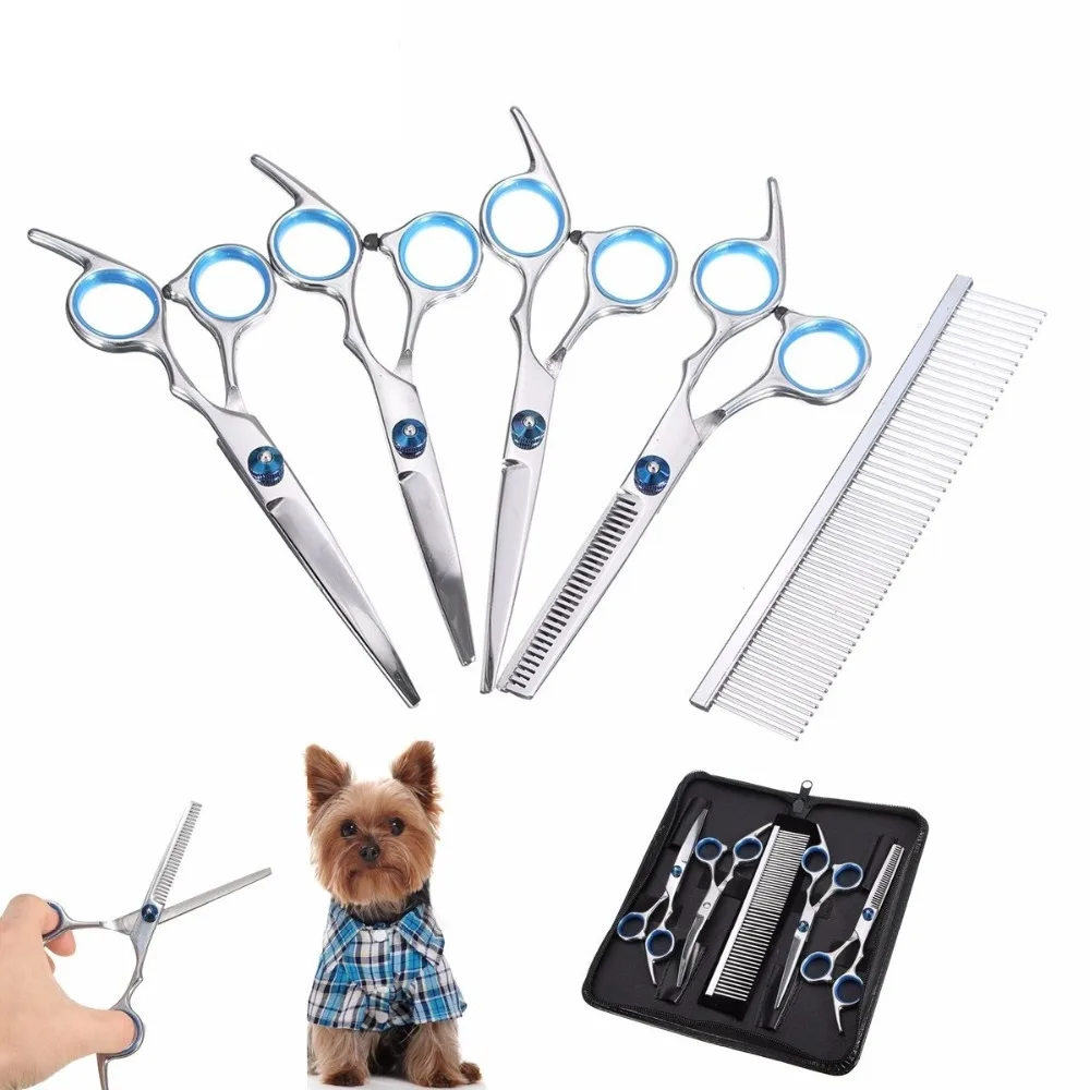 6“ Professional Pet Dog Cat Puppy Grooming Scissors Set Straight Thinning Curved Scissors Cutting 5pcs Set For Dog Cat Grooming