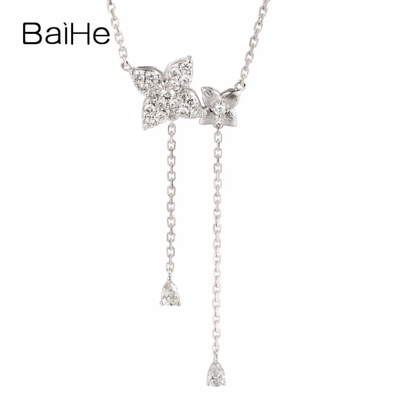 

BAIHE Real Solid 18K White Gold H/SI Natural Diamond Flower Necklace Women Fine Jewelry Making Collier Fleur Blumen-Halskette