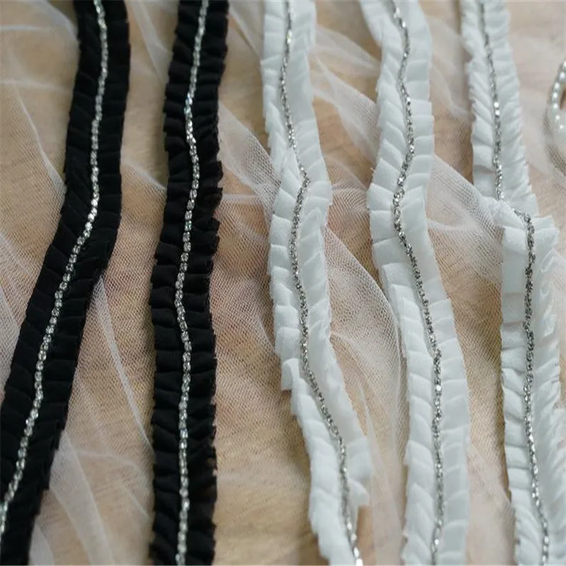 White / Black Rhinestone Trim DIY Decor Accessories Chiffon Ruffle Lace Rhinestone Chain for Weddings Lace Headbands 5 yards