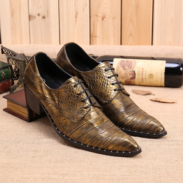 

Luxury brand mens italian leather shoes high heels embossed leather loafers gold dress shoes men crocodile skin shoes mariage