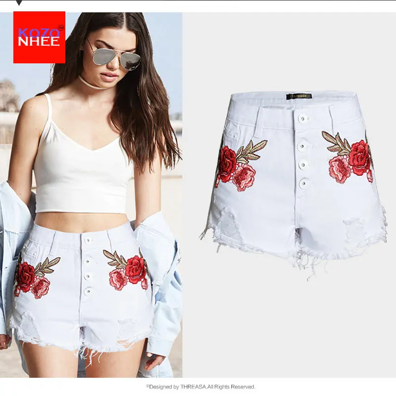 Zomer Witte Roos Ripped Borduurwerk Denim Shorts Met Hoge Taille Gescheurd Mode Sexy Vrouwen Denim Shorts Met Gaten