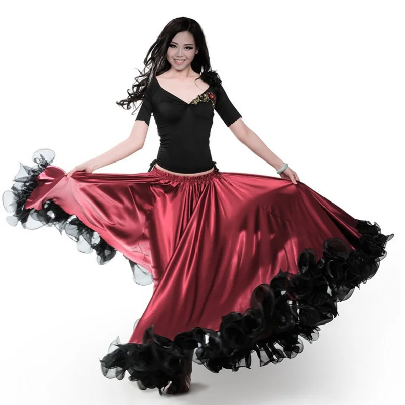 Vestido de baile flamenco español, dobladillo oscilante grande con falda, borde de dobladillo de encaje, falda larga de baile de toro rojo y negro para salón de baile