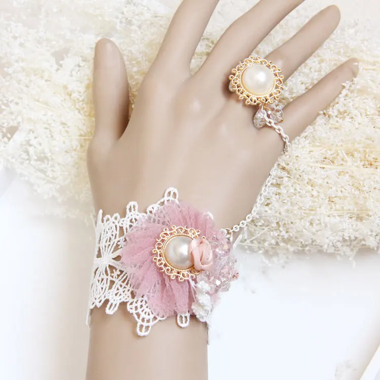 Princess Lolita jewelry Yarn flower artificial pearl rring pink flower white lace bracelet one piece wedding jewelry WS-128