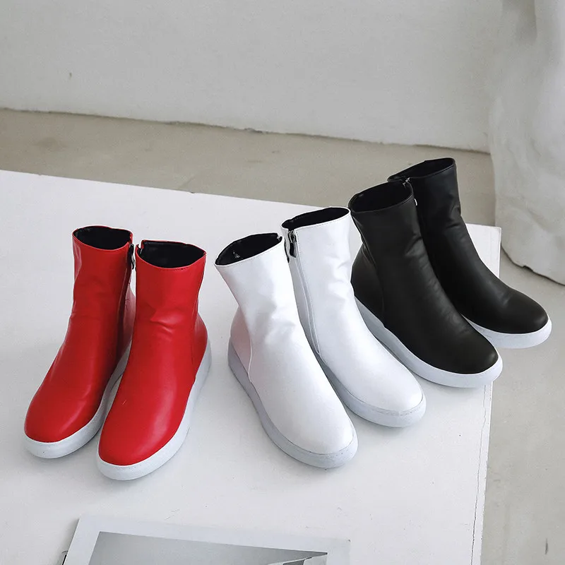 MORAZORA 2024 new arrival women ankle boots pu round toe autumn boots zipper simple comfortable casual flat shoes woman red