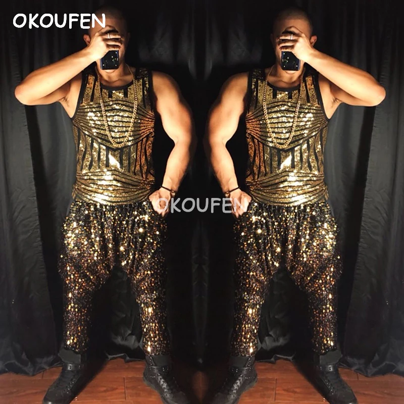 Men's Slim Sequined Gold Vest Harem pants Costume Bar nightclub hipster male dance singer male stage show costume