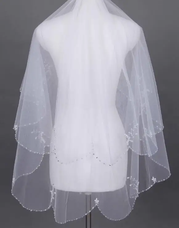 Voile de mariée perlé, 2 couches, haut de gamme, blanc ivoire, longueur de poignet, avec peigne