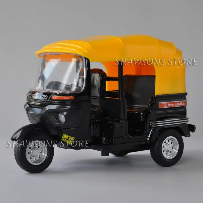 1:14 Schaal Diecast Motorfiets Model Bajaj Auto Motor Driewieler Taxi Miniatuur Replica Terugtrekken Speelgoed Met Geluid En Licht