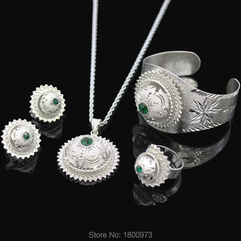 Ethiopian Color Stone Jewelry Set Silver Color Pendant/Necklace/Earrings/Ring/Bangle Jewelry Africa Bride Wedding Eritrea