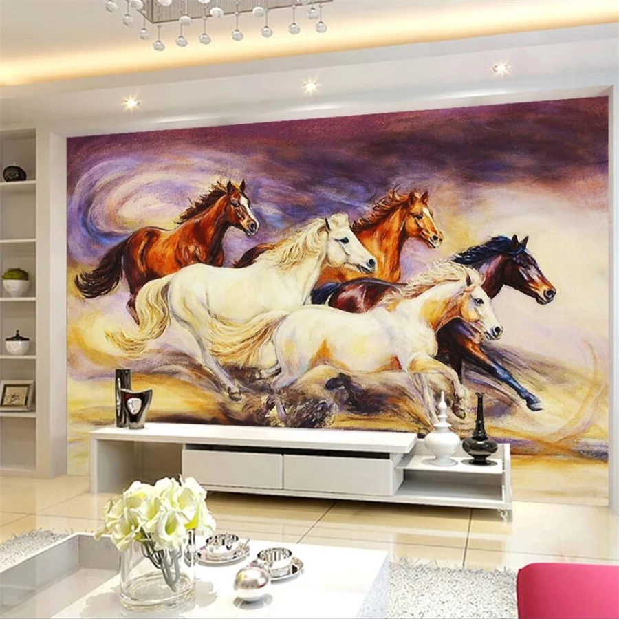 Custom wallpaper 3d murals go hand in hand to fight the horse to success European and American oil painting background wallpaper