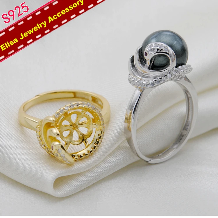 Swan Design Pearl Rings Settings S925 Sterling Silver Rings Holder Women DIY Pearl Rings Jewelry Fittings 3Pieces/Lot