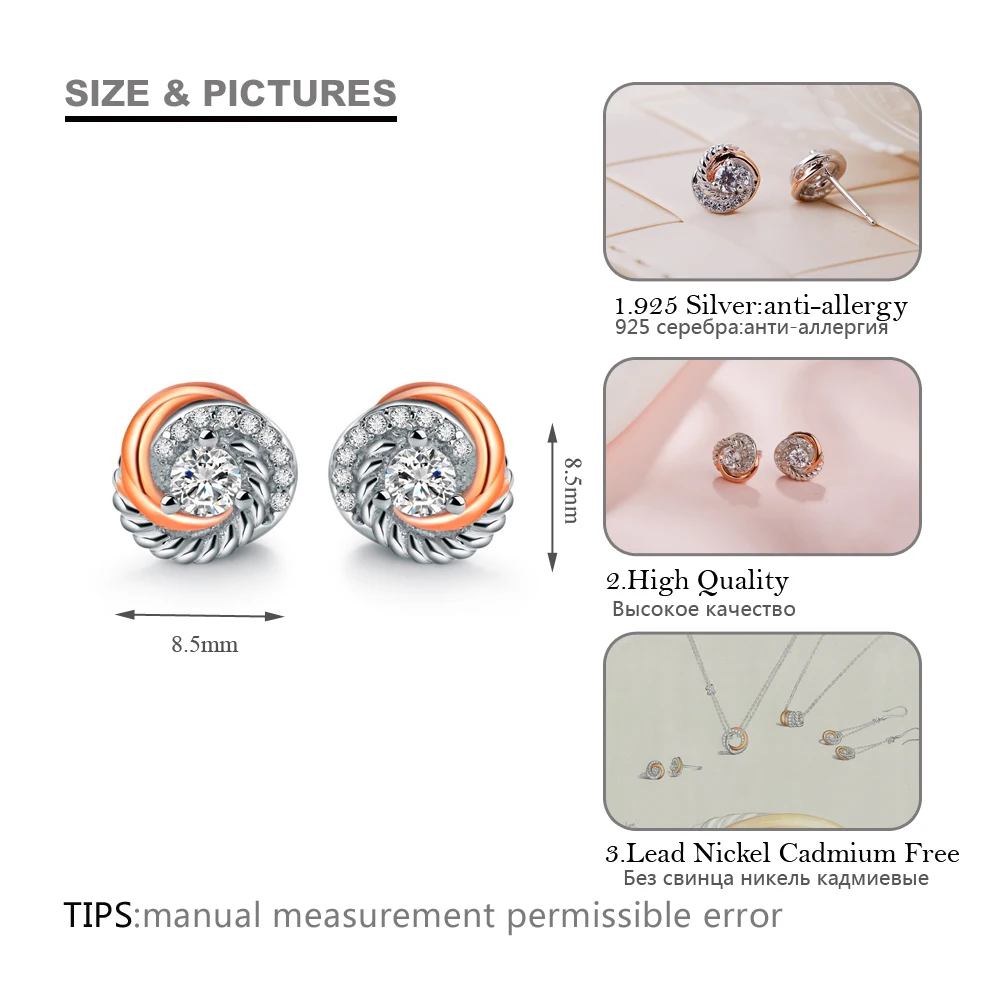 SA SILVERAGE Real 925 Sterling Silver Stud Earrings Rose Gold Color Fine Jewelry Love Circle 925 Silver Stud Earrings for Women