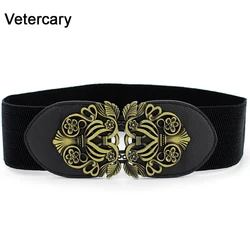 Ceinture en cuir PU pour femmes, large, élastique, tendance, noire, pour robe, décoration vintage, fleur, boucle, cadeaux en alliage