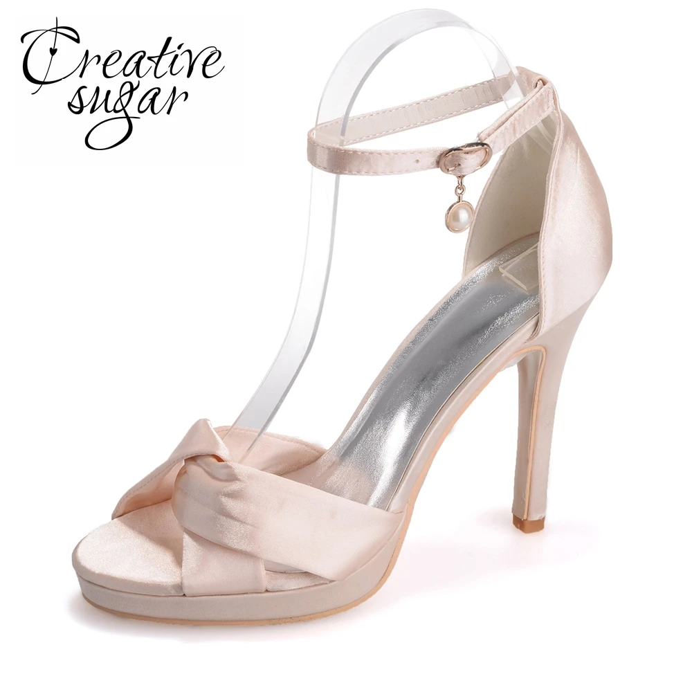 

Creativesugar soft satin crossed bands strap wedding sandals ankle strap heels platform summer satin dress shoes covered heel