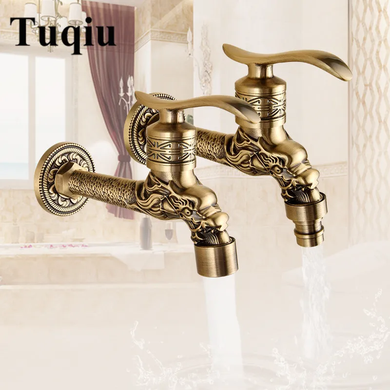 Brass Tap Faucet Garden Bibcocks  Antique Brass Dragon Carved Washing Machine Faucet Outdoor Faucet Single Cold Tap