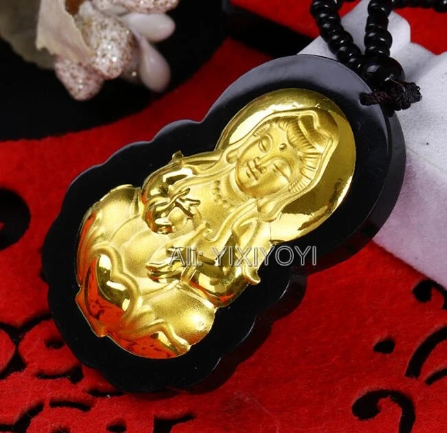 Wonderful Natural Black Dark Hetian Jade + 18K Gold Chinese GuanYin Buddha Amulet Lucky Pendant + free Necklace Fine Jewelry