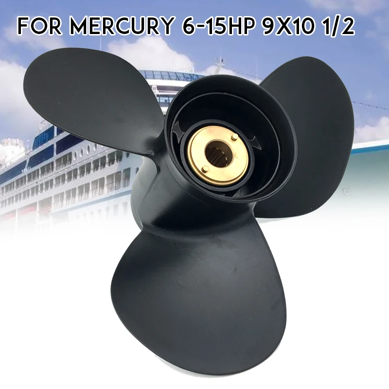 48-828158A12 For Mercury 6-15HP 9x10 1/2 Aluminum Alloy Marine Boat Outboard Propeller Black Standard Rotation 8 Spline Tooth