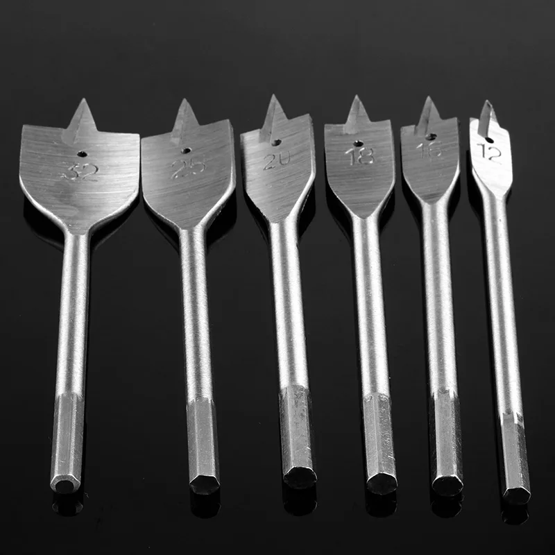 6pcs/set 12-32mm Flat Drill Long High-carbon Steel Wood Flat Drill Set Woodworking Spade Drill Bits Durable Woodworking Tool Set