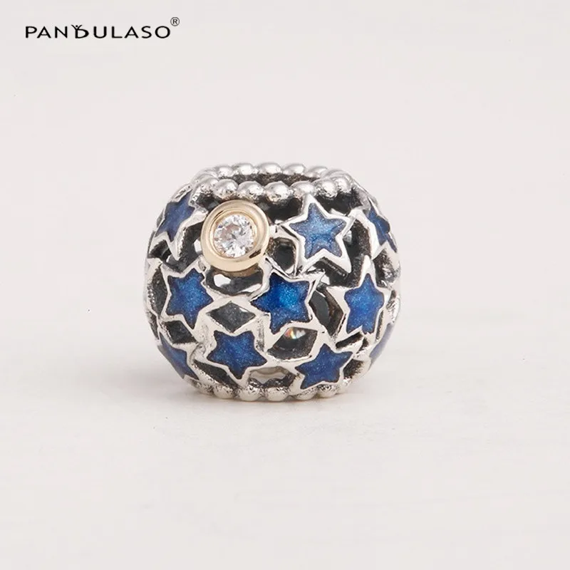 100% 925 Sterling Silver Jewelry Charm Bead Fits European Charm Bracelet & Choker  Blue Stars Cutout Bead for Women DIY Jewelry