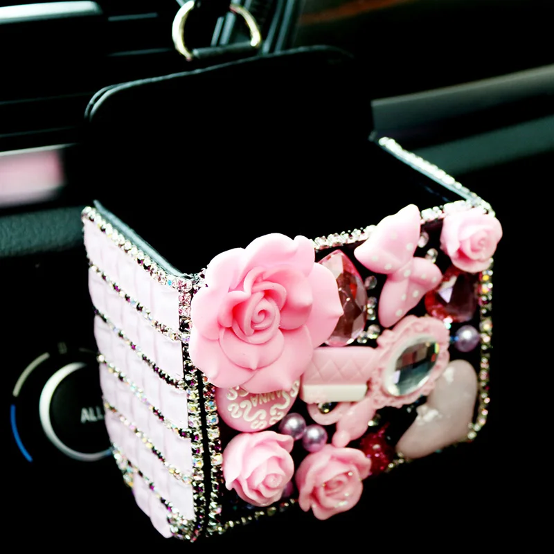 Flower Car Interior Decoration Accessories For Women Seat Belt Mirror Visor Cover Diamond Leather Steering Wheel Case Tissue Box